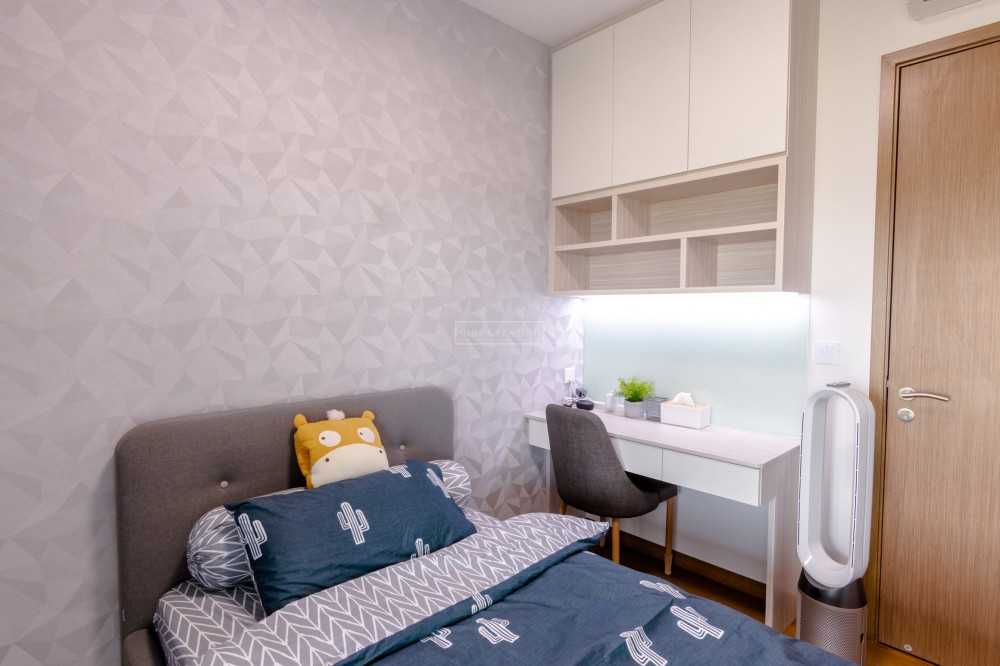 Scandinavian Bedroom with Bookshelf and Wallpaper