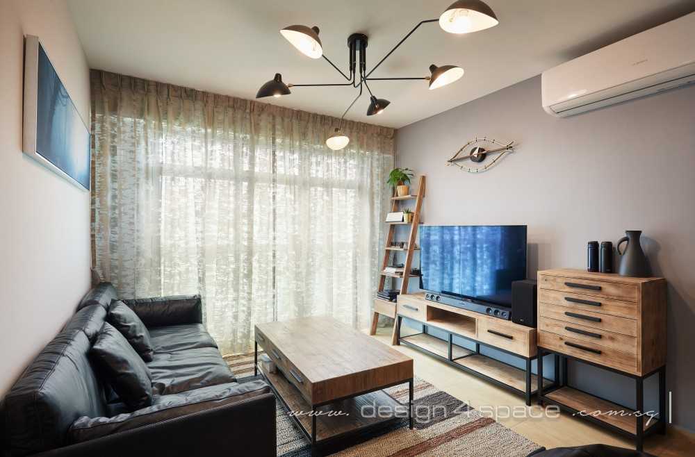 Industrial Living Room with Homogeneous Tiles and TV Console