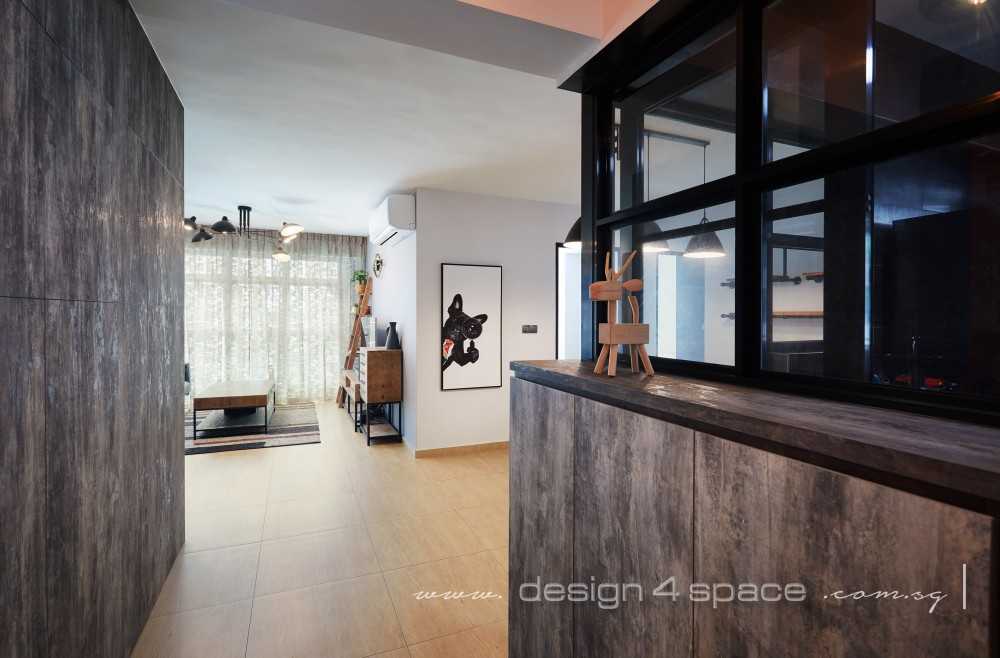 Industrial Entryway with Homogeneous Tiles and Wood Flooring