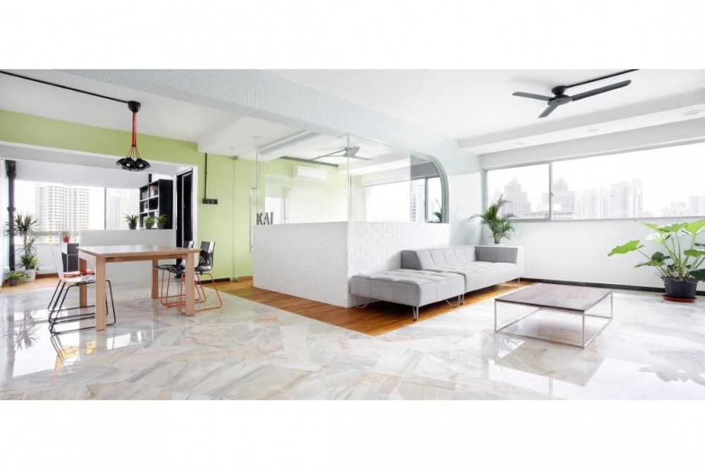 Scandinavian Living Room with Marble Floor and Sofa