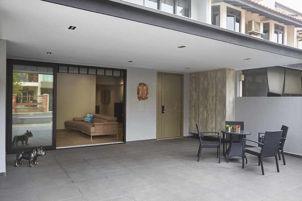 Contemporary Foyer with Glass Door and Outdoor Table