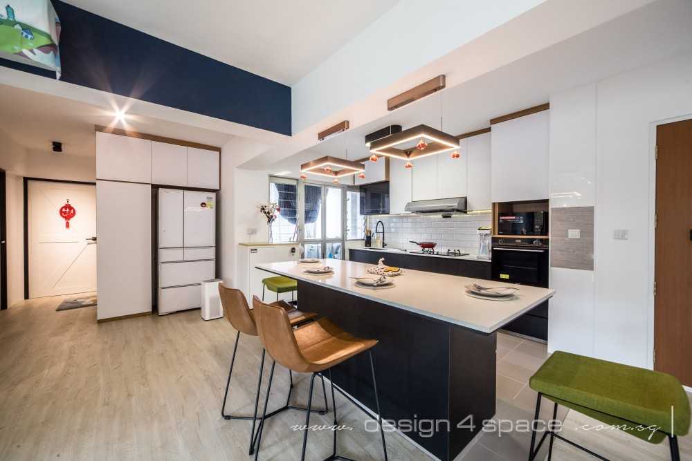 Scandinavian Kitchen with Wood Flooring and Kitchen Island