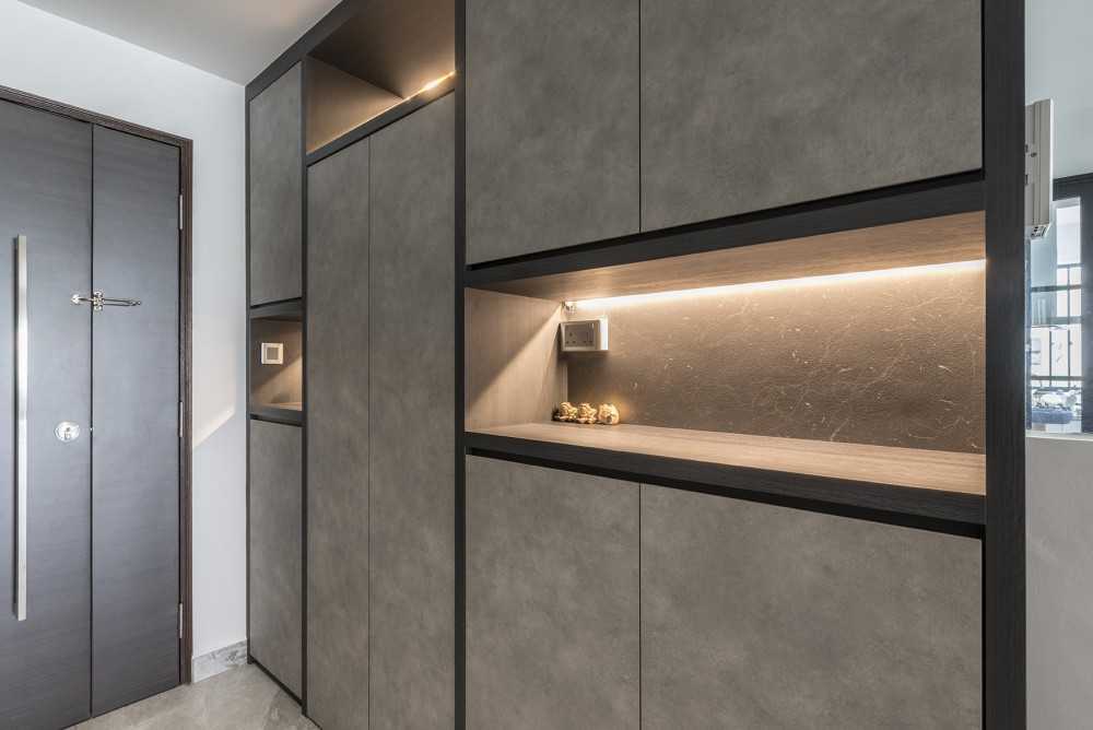 Contemporary Foyer with Storage Cabinets and Open Storage