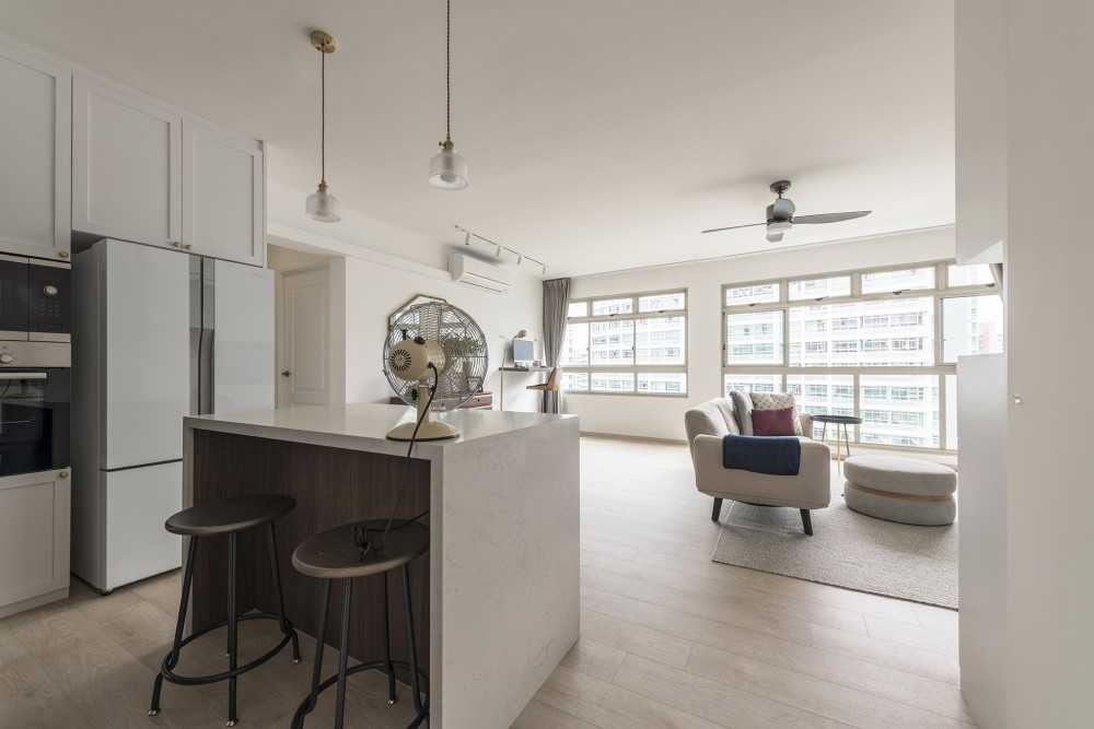 Scandinavian Dining Room with Vinyl Flooring and Kitchen Island
