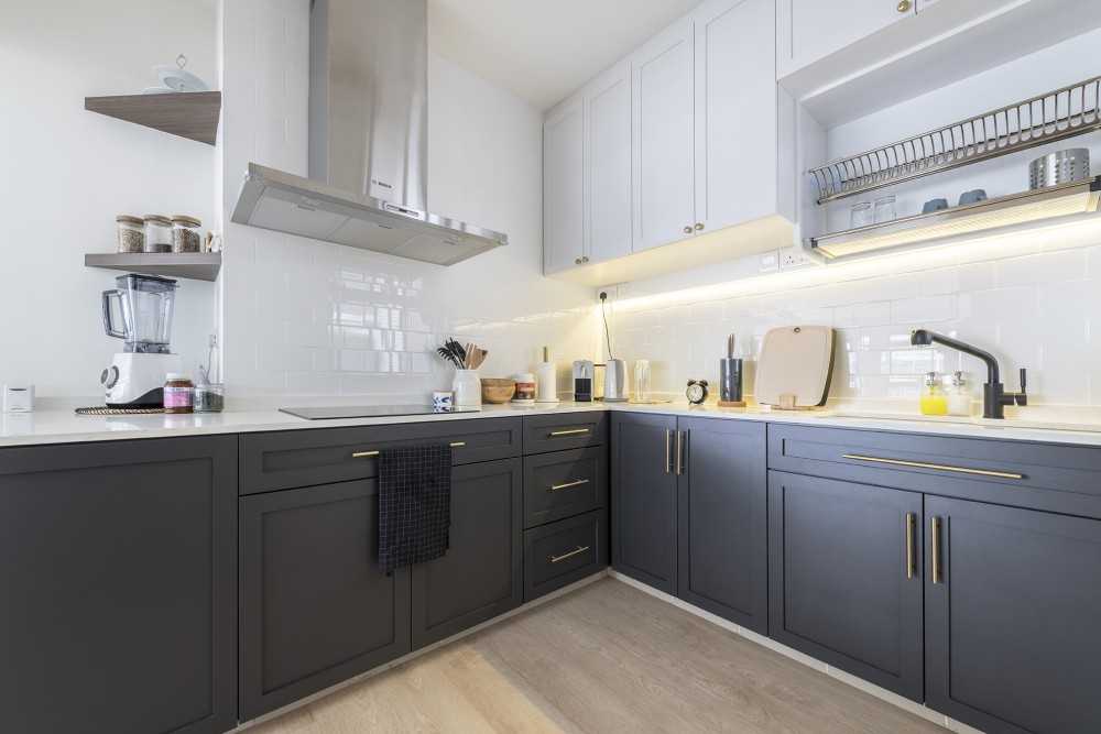 Scandinavian Kitchen with Countertop and Vinyl Flooring