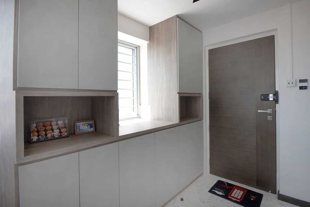 Contemporary Foyer with Window Grille and Storage Cabinets