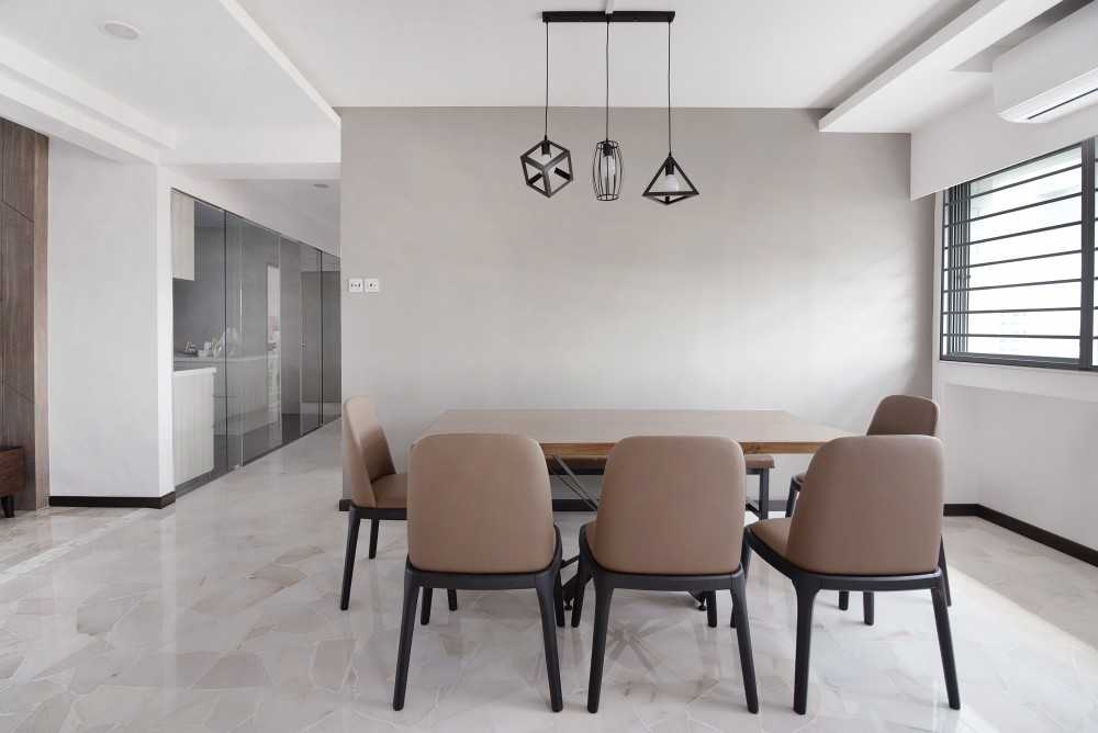 Contemporary Dining Room with Marble Floor and Glass Door