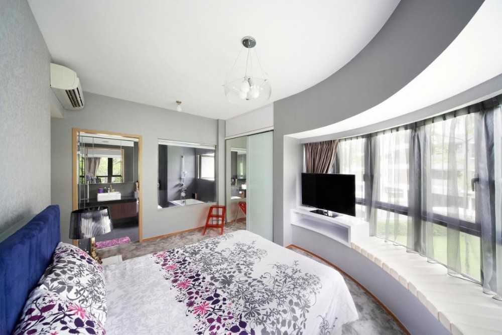 Contemporary Bedroom with Bay Window and Queen Bed