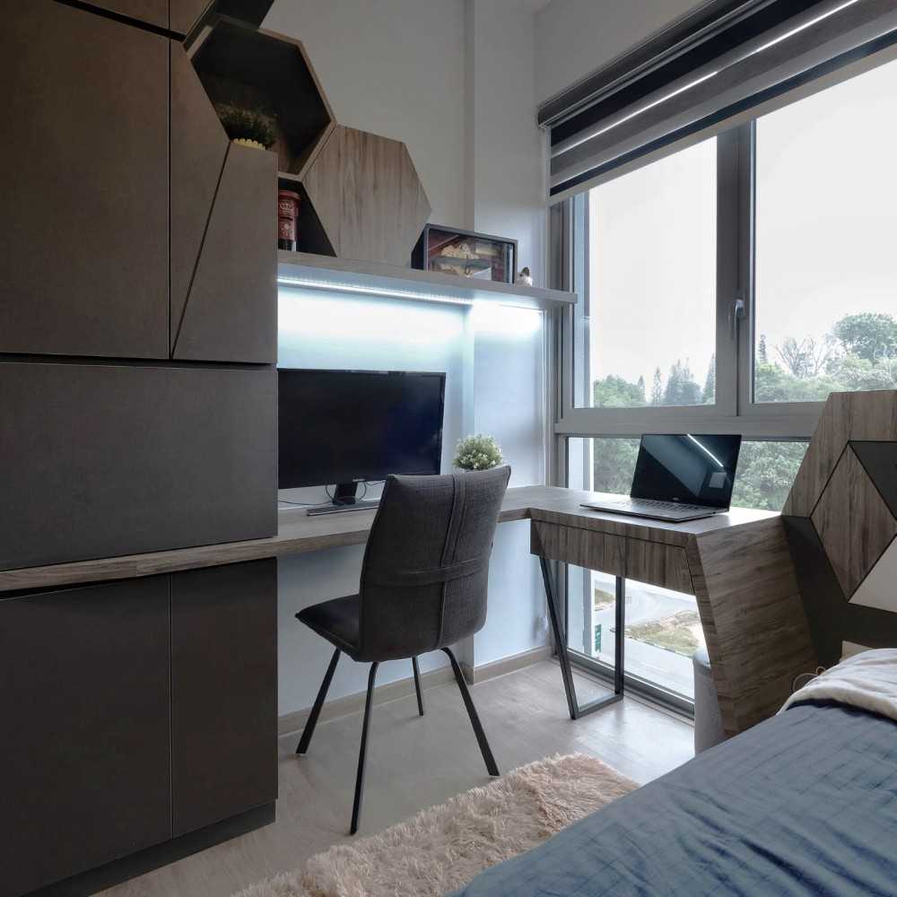 Modern Bedroom with Bookshelf and Wood Flooring