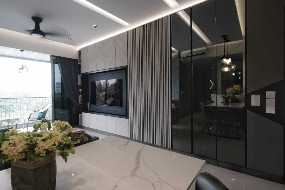 Modern Hallway with Bookshelf and Artwork