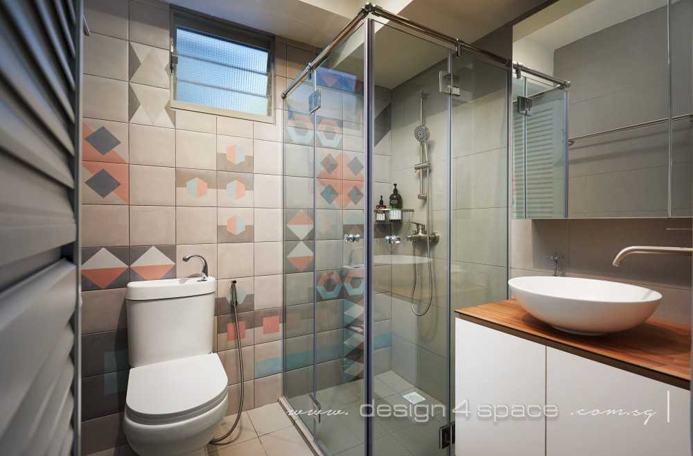 Scandinavian Bathroom with Wood Flooring and Mirror