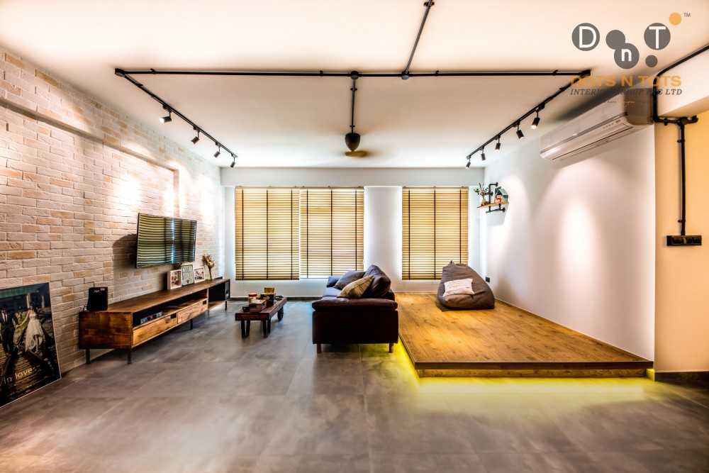 Industrial Living Room with Wood Flooring and TV Console