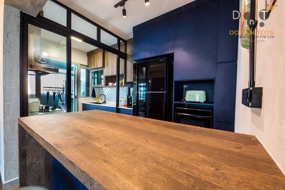 Industrial Kitchen with Wood Flooring and Kitchen Window