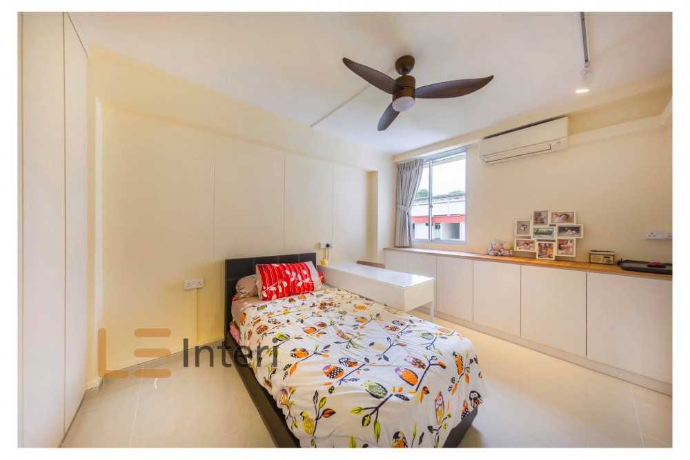 Contemporary Bedroom with Bookshelf and Homogeneous Tiles
