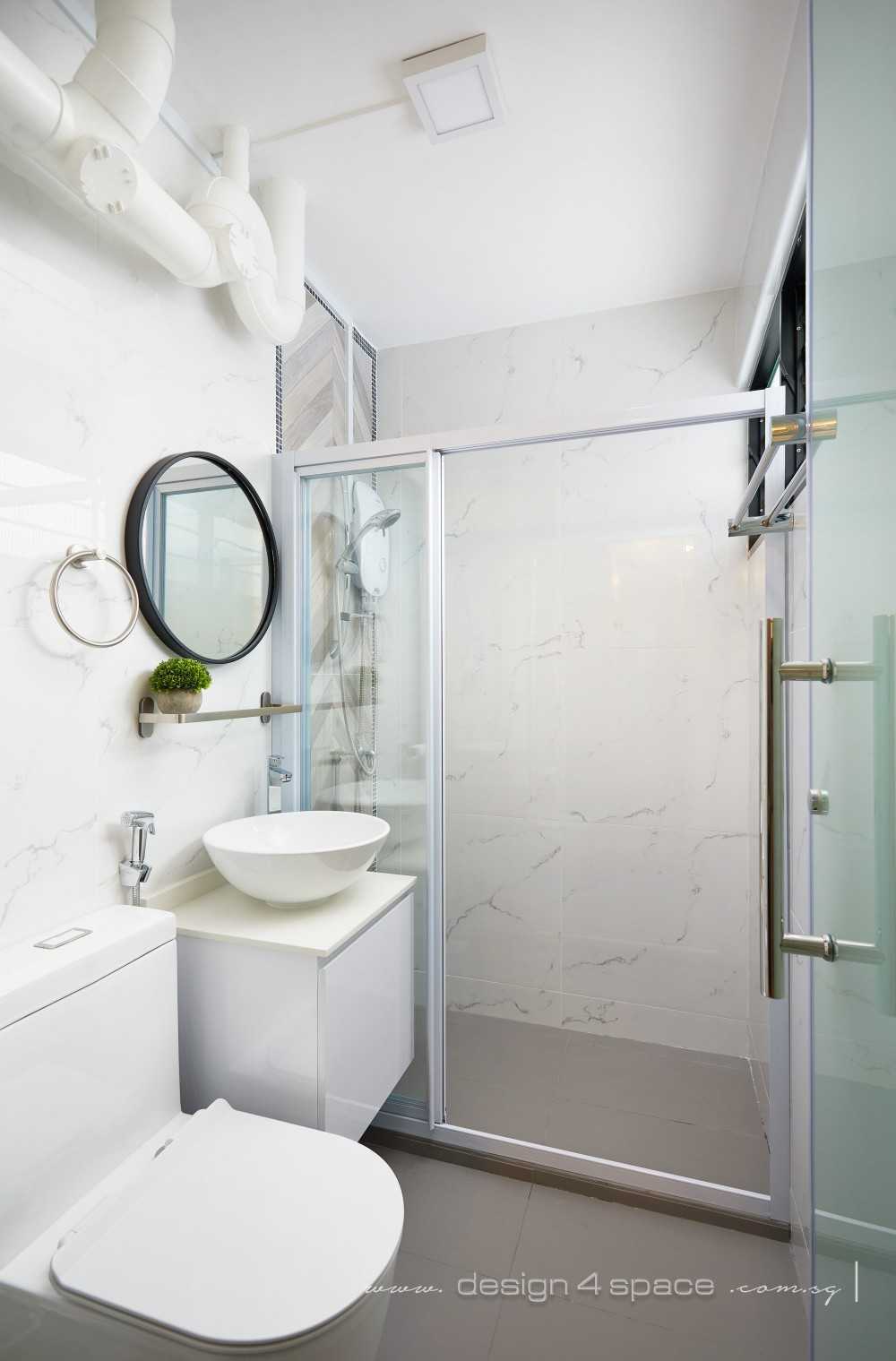Scandinavian Bathroom with Homogeneous Tiles and Herringbone Tiling
