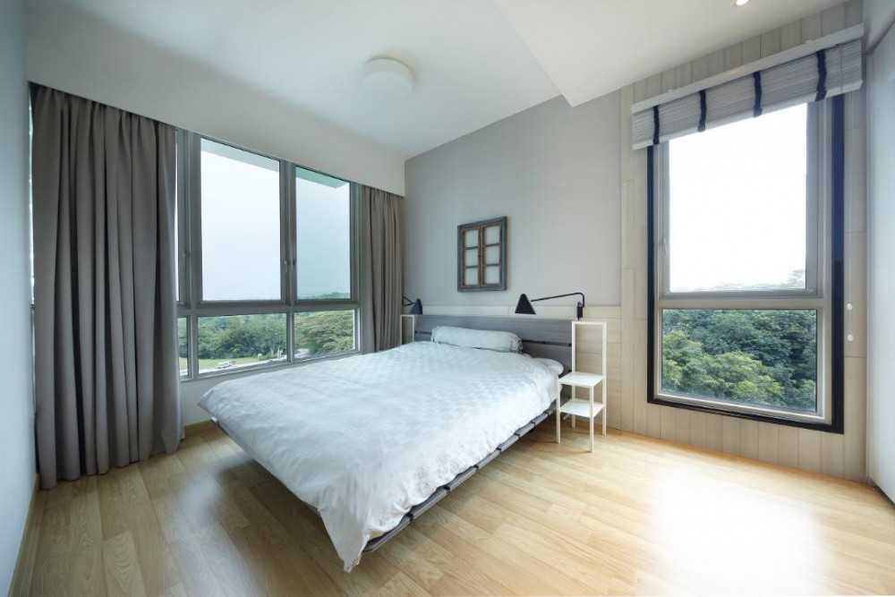 Scandinavian Bedroom with Wood Flooring and Curtain