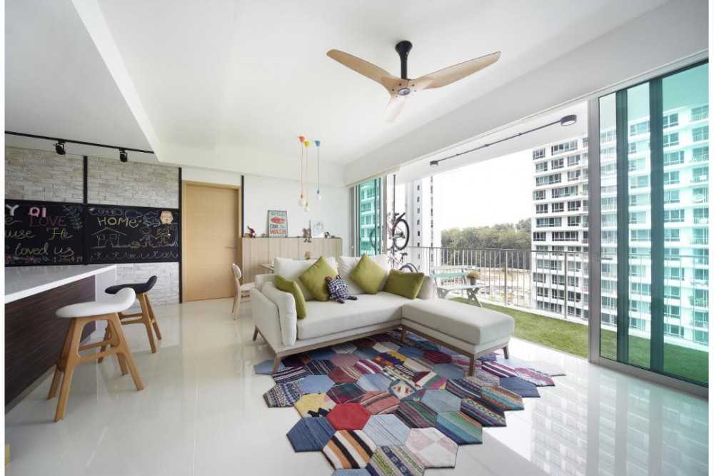 Scandinavian Living Room with Marble Floor and Sofa