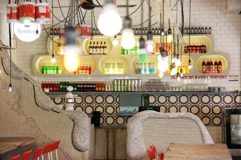 Vintage Restaurant with Drop Light and Open Storage