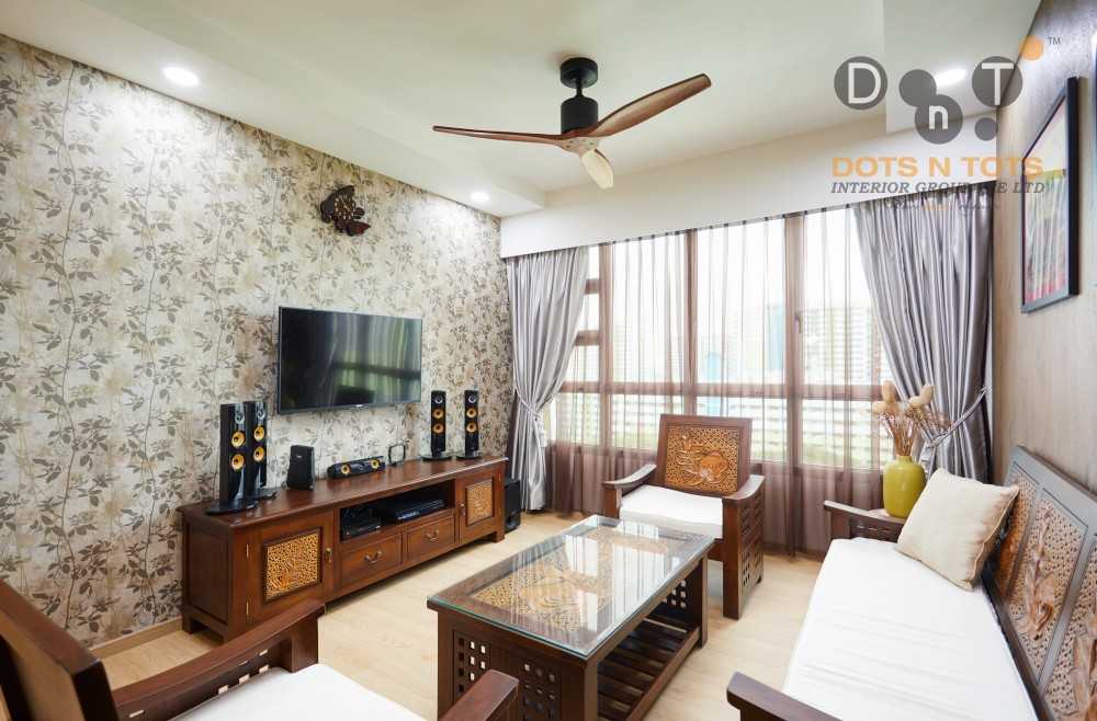 Asian Living Room with TV Console and Bay Window