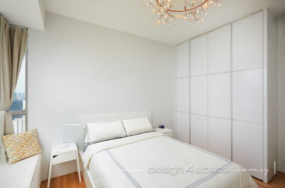 Minimalist Bedroom with Wood Flooring and Ceiling Light