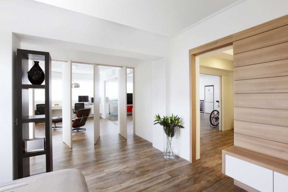 Modern Hallway with Wood Flooring and Room Divider