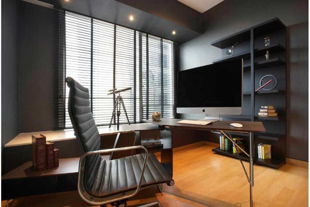 Modern Study with Wood Flooring and Wall Shelves