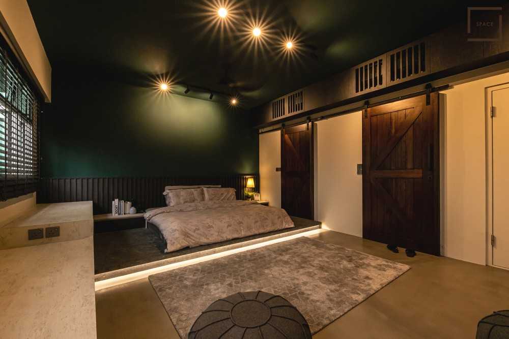 Industrial Bedroom with Platform Bed and Drop Ceiling
