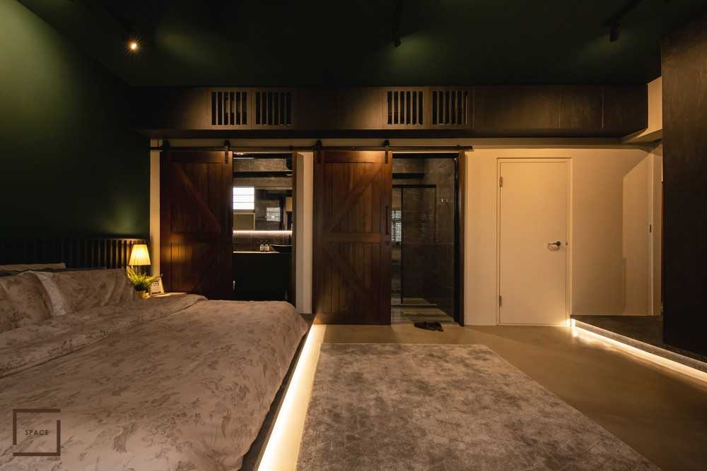 Industrial Bedroom with Platform Bed and Ceiling Light