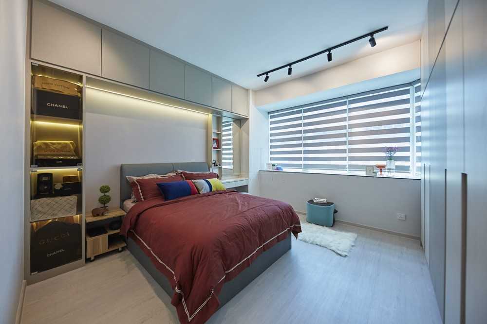 Scandinavian Bedroom with Ceiling Light and Window Shutters