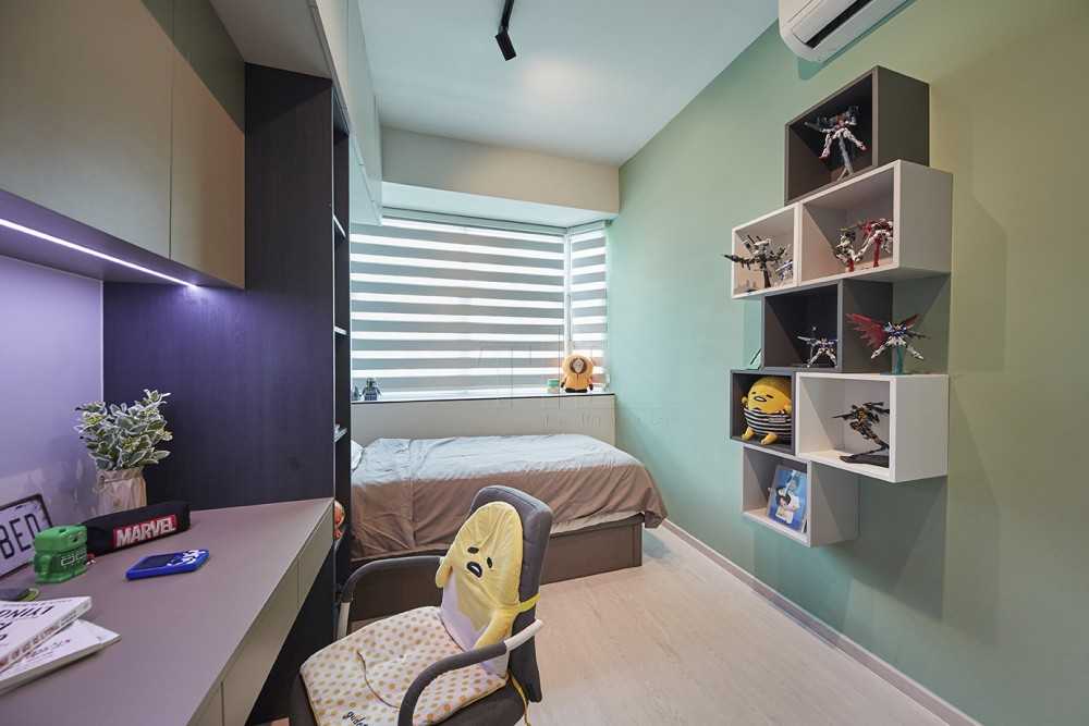Scandinavian Bedroom with Wood Flooring and Ceiling Light