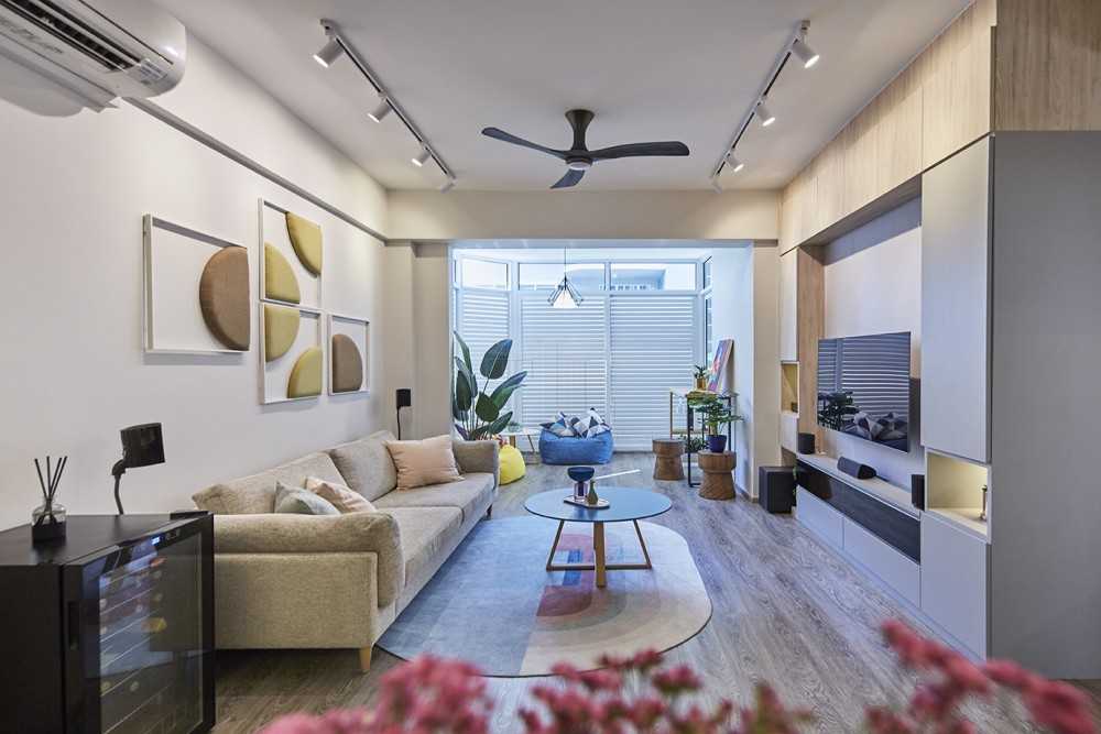 Scandinavian Living Room with TV Console and Feature Wall