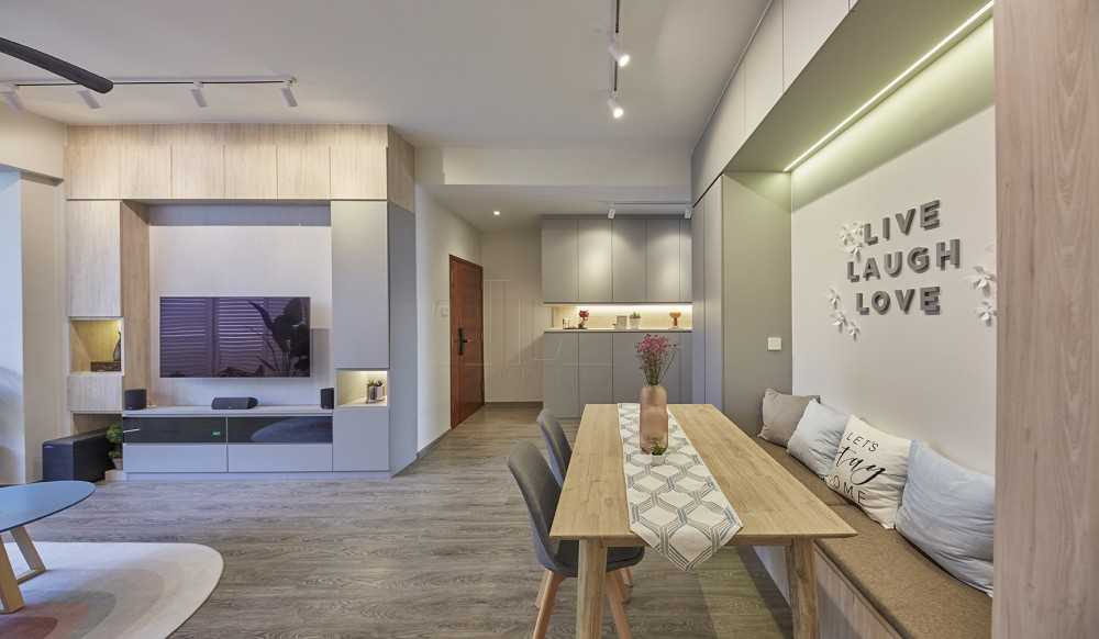 Scandinavian Living Room with Wood Flooring and TV Console