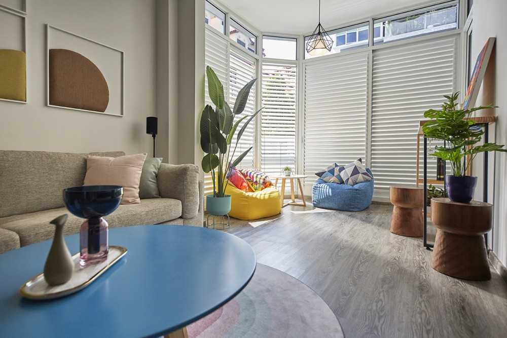 Scandinavian Porch with Drop Light and Window Seat