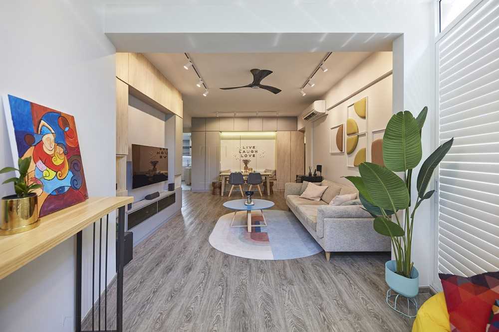 Scandinavian Living Room with Wood Flooring and TV Console
