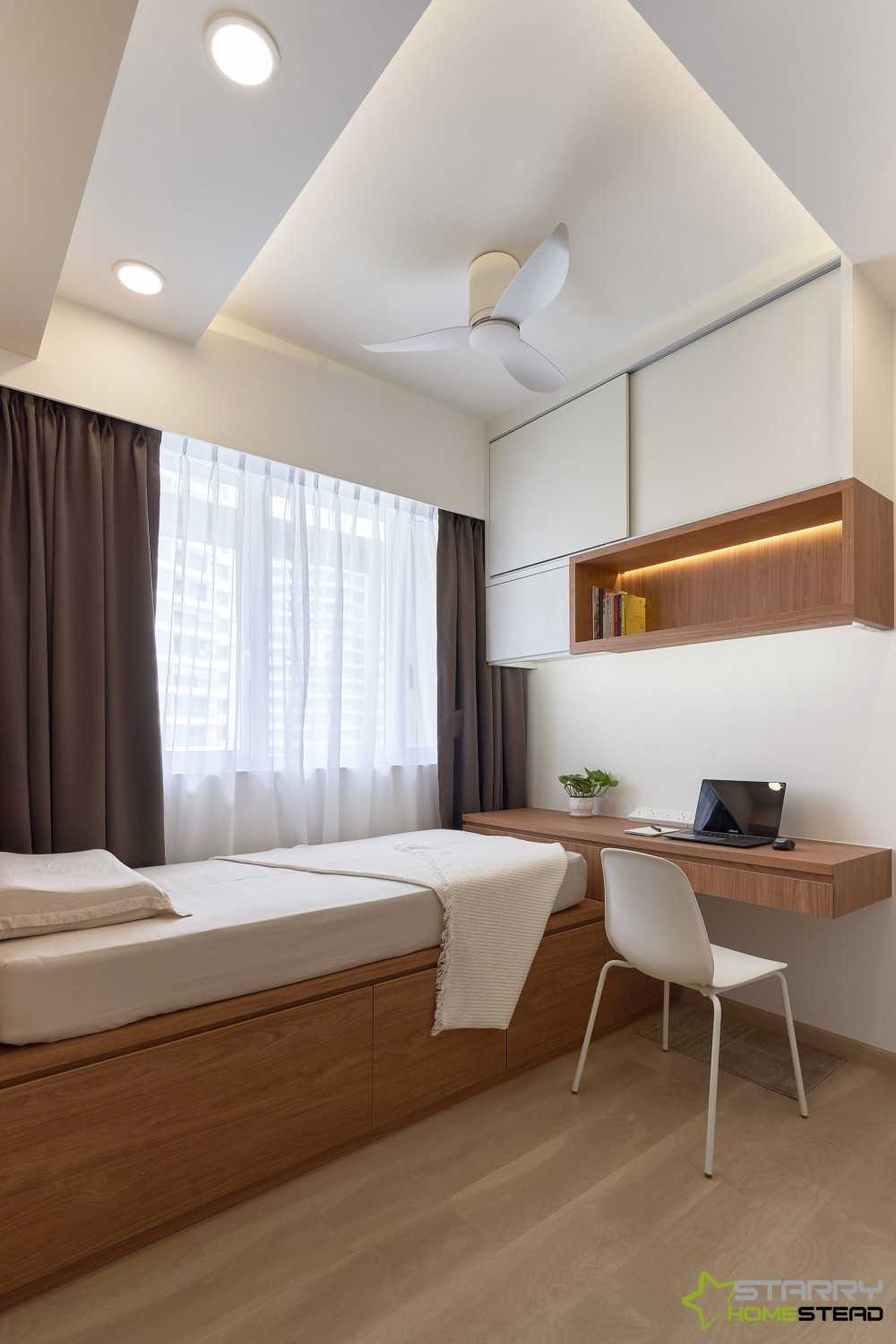 Scandinavian Bedroom with Platform Bed and Wall Shelves