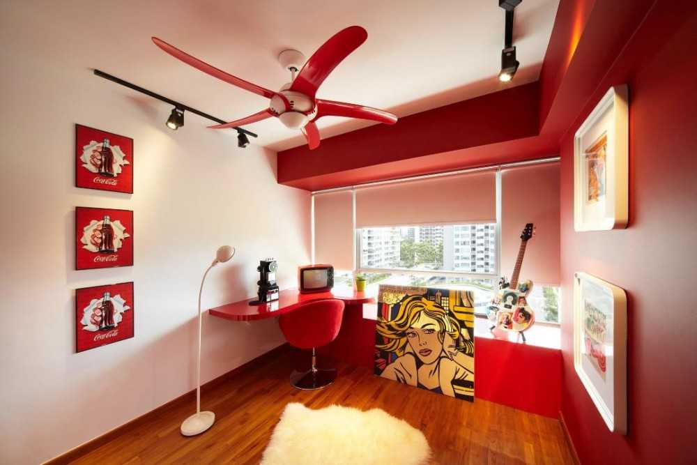 Eclectic Study with Artwork and Ceiling Fan