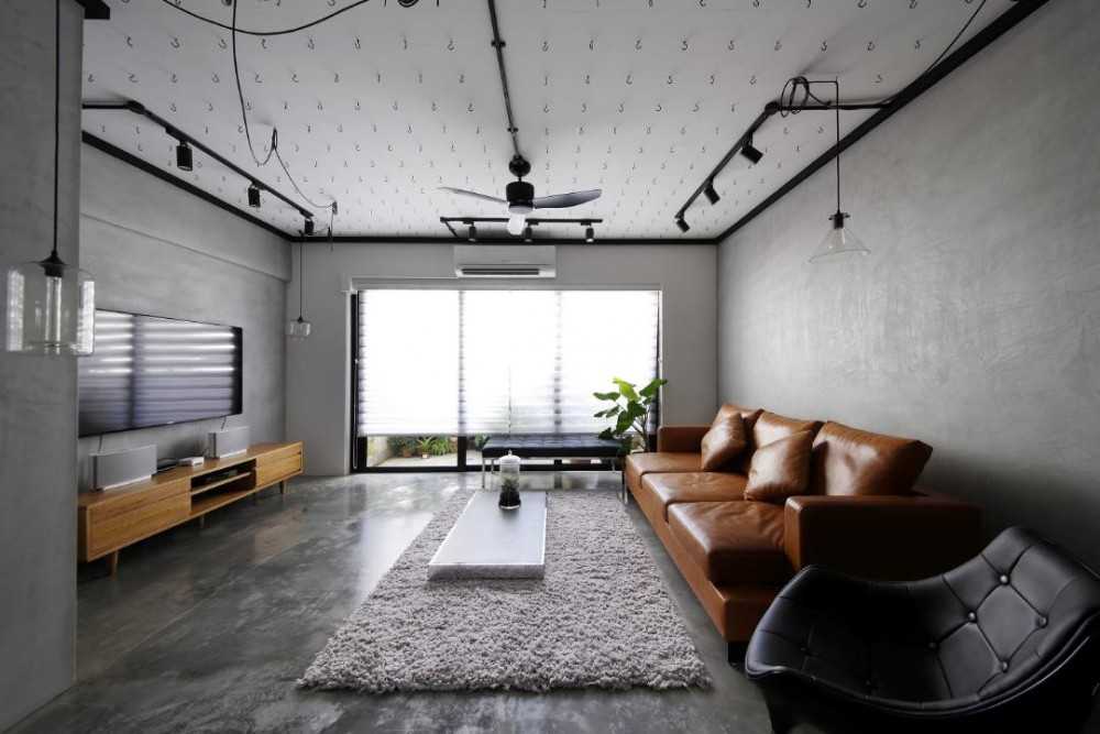 Industrial Living Room with Cement Floor and TV Console