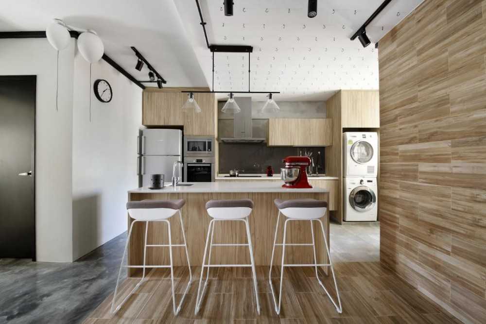 Industrial Kitchen with Bar Counter and Bar Stool