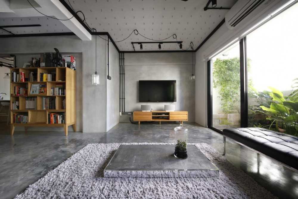 Industrial Living Room with Bookshelf and TV Console
