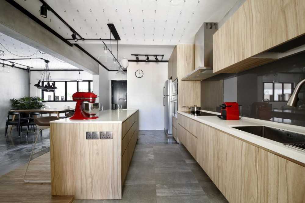 Industrial Kitchen with Kitchen Island and Bar Counter