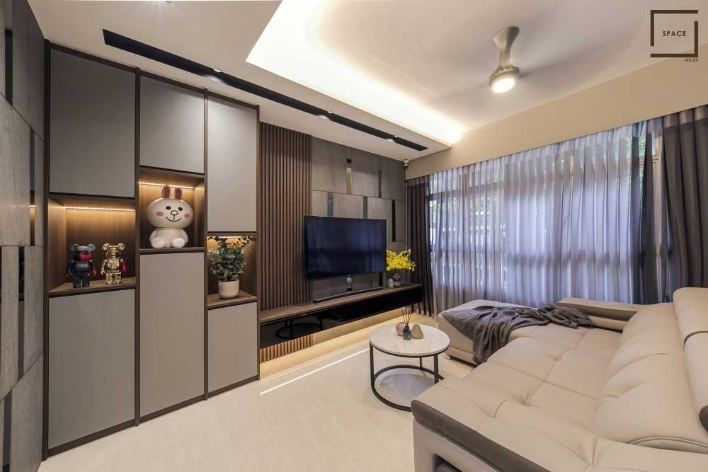 Contemporary Living Room with Herringbone Tiling and TV Console