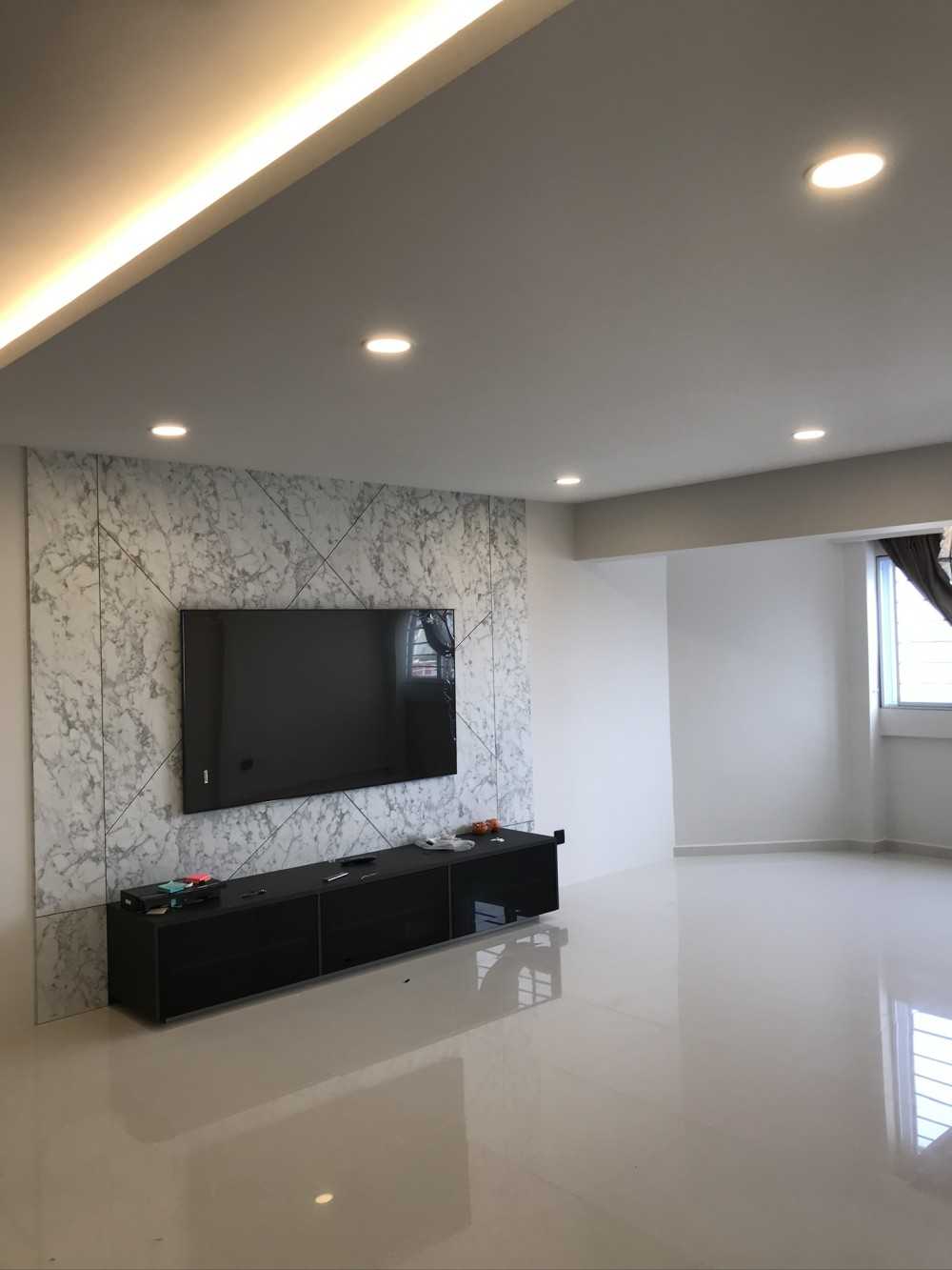 Contemporary Living Room with Homogeneous Tiles and TV Console