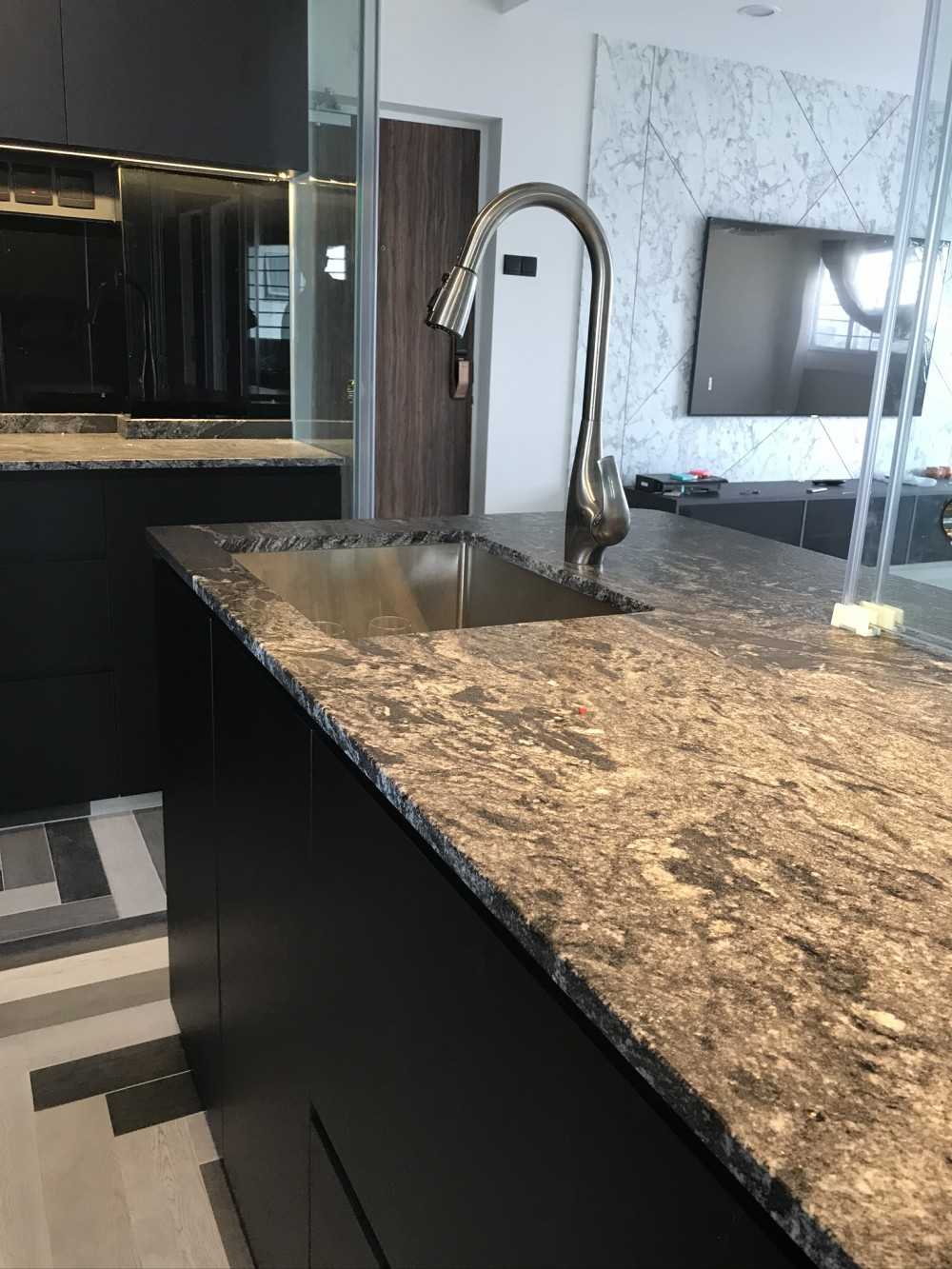 Contemporary Kitchen with Countertop and Herringbone Tiling