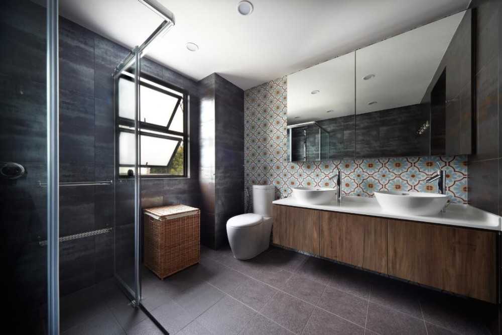 Eclectic Bathroom with Granite Floor and Mirror