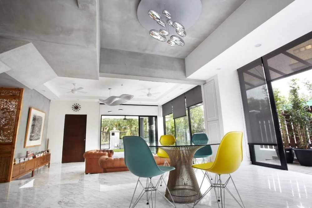 Eclectic Dining Room with Marble Floor and Dining Table