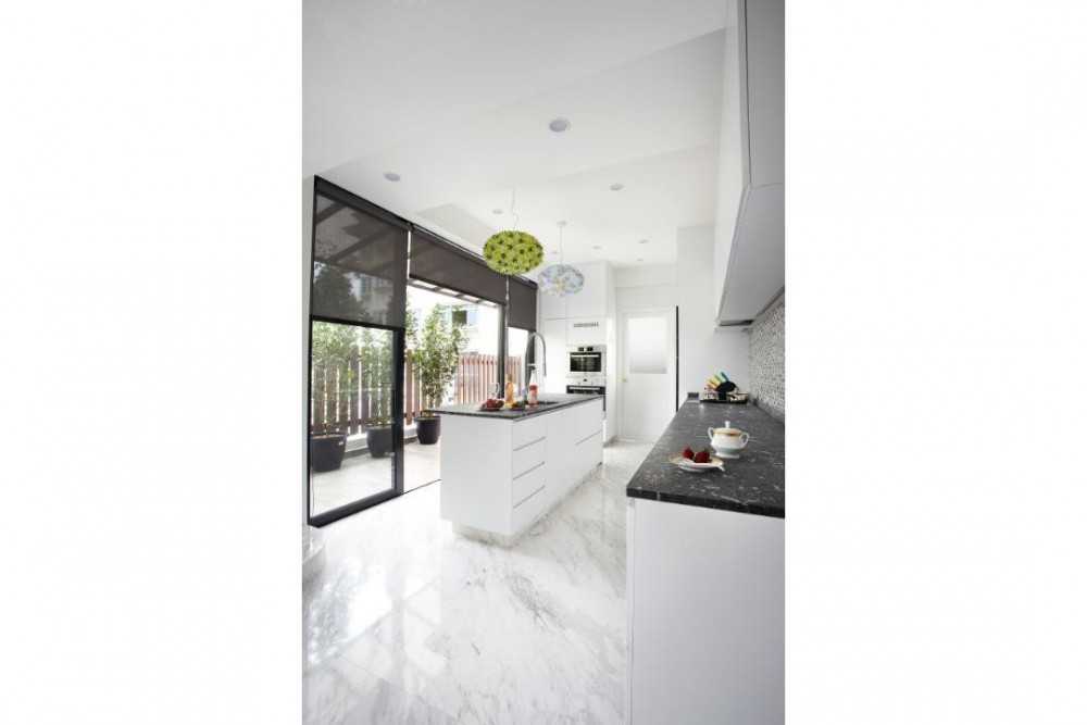 Eclectic Kitchen with Marble Floor and Kitchen Island