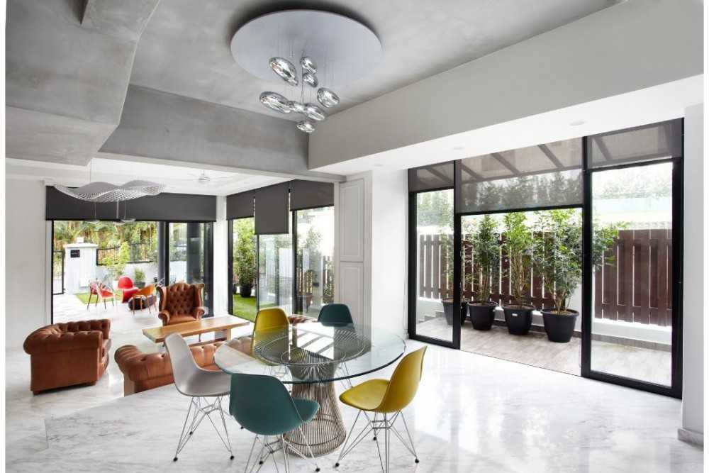 Eclectic Dining Room with Marble Floor and Dining Table