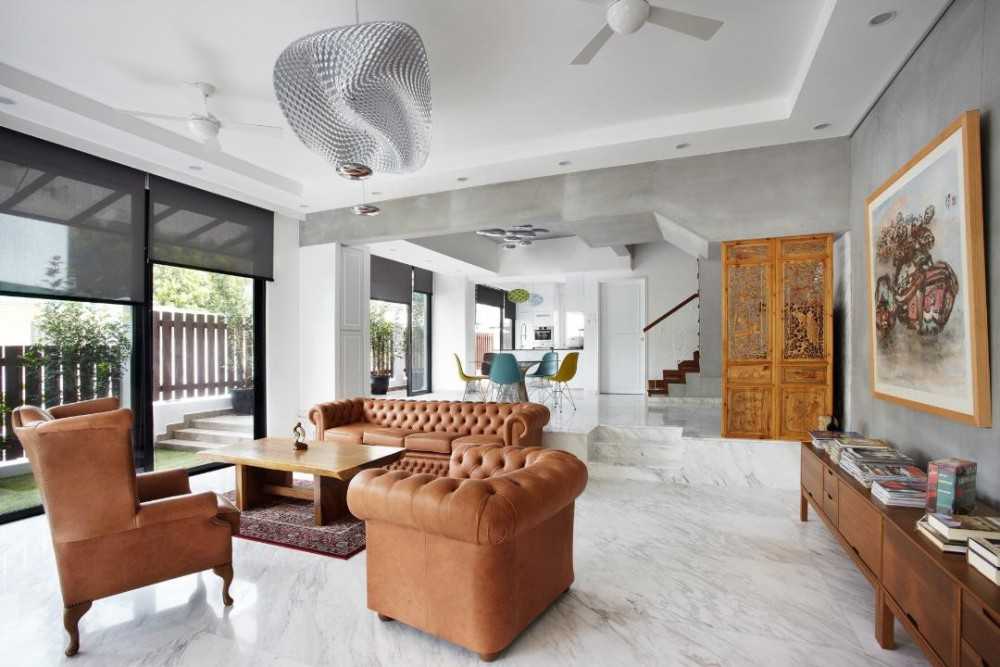 Eclectic Living Room with Marble Floor and Sofa
