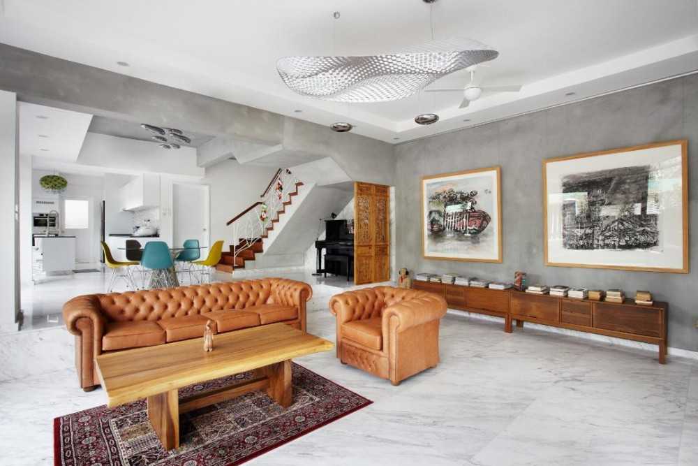 Eclectic Living Room with Marble Floor and Sofa