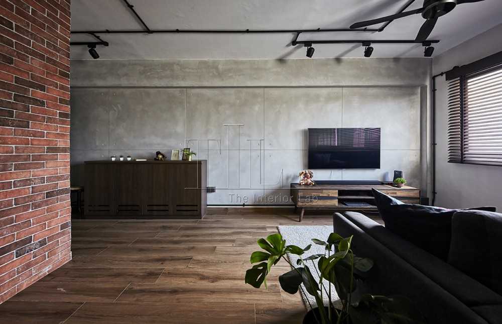 Industrial Living Room with Wood Flooring and TV Console
